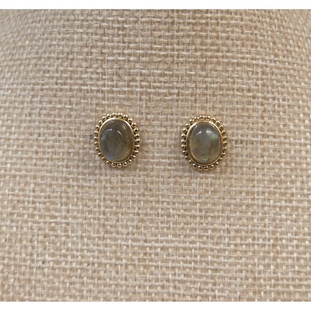 Vintage Sterling Silver Labradorite Gold Tone Large Stud Earrings Bead Boarder